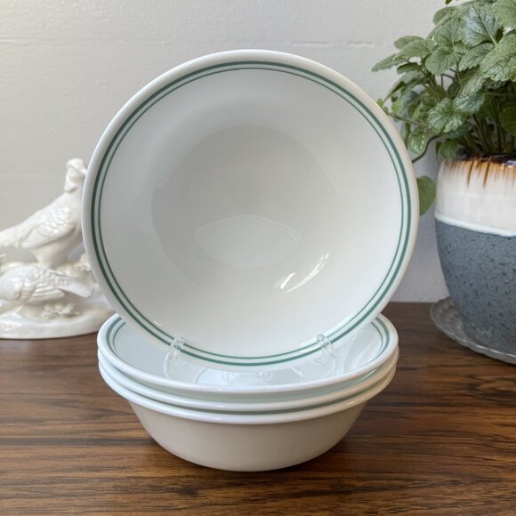 Corelle 4 Cereal Bowls Rosemarie Green Rim - Picture 2 of 8
